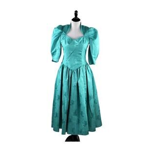 Vintage 1980s Floral Print Teal Prom Formal Dress High Queen Ann Neckline Medium